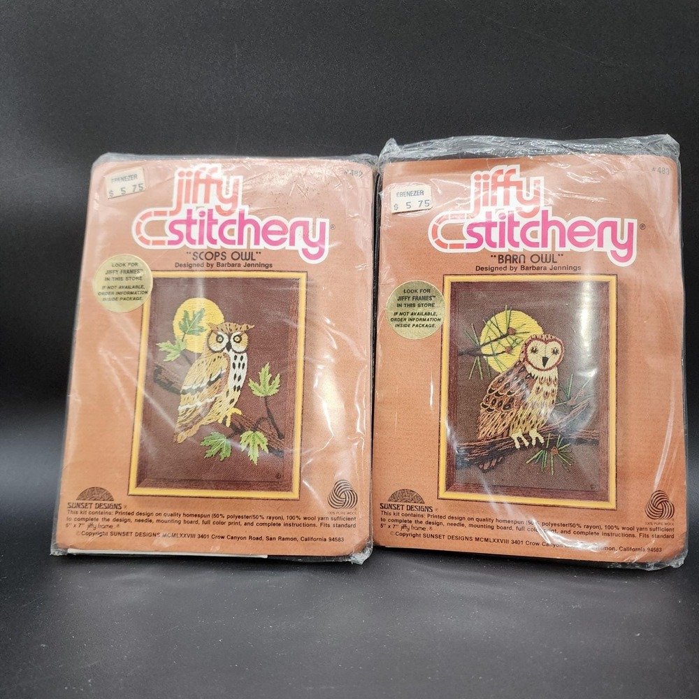 Jiffy Stitchery Brown Scops Owl Crewel Embroidery 2 Kits VTG 70s Barbara Jen